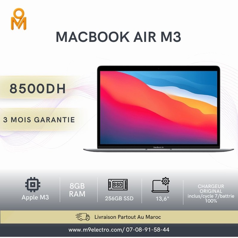MacBook Air 13" M3 | 8Go RAM | 256Go SSD | Batterie 100% (Cycle 7) | Chargeur Original
