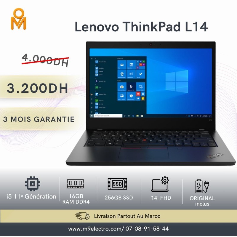 Lenovo ThinkPad L14 Core i5 11ᵉ Génération | 16Go RAM | 256Go SSD | Écran 14" Full HD
